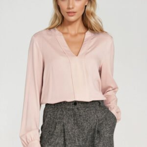 Wiskozowa bluzka z szeroką plisą na dekolcie B196 Beige - Nife