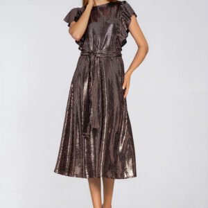 Sukienka Błyszcząca sukienka z falbanami na ramionach S288 Miedziany - Nife